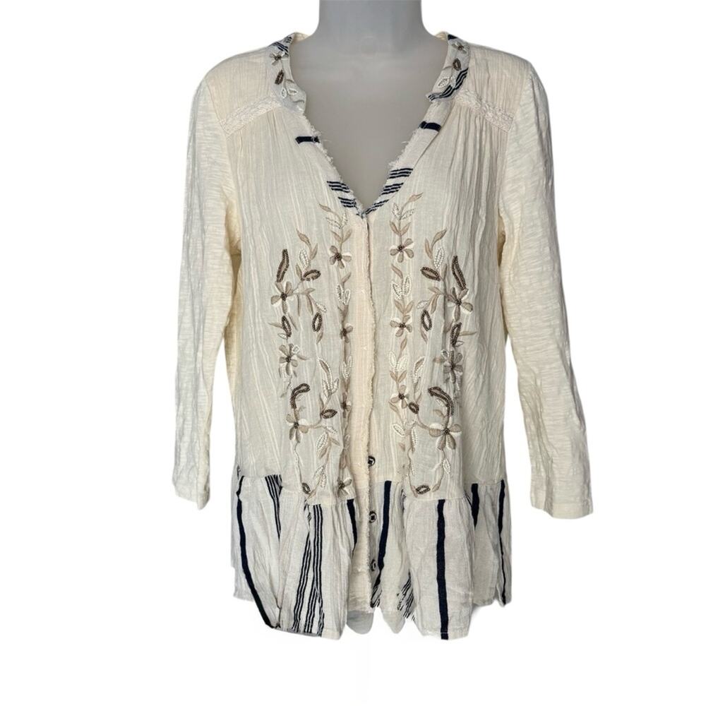 ANTHROPOLOGIE C.KEER SPRY Women’s Boundary Cream Beaded Embroidered Tunic Top